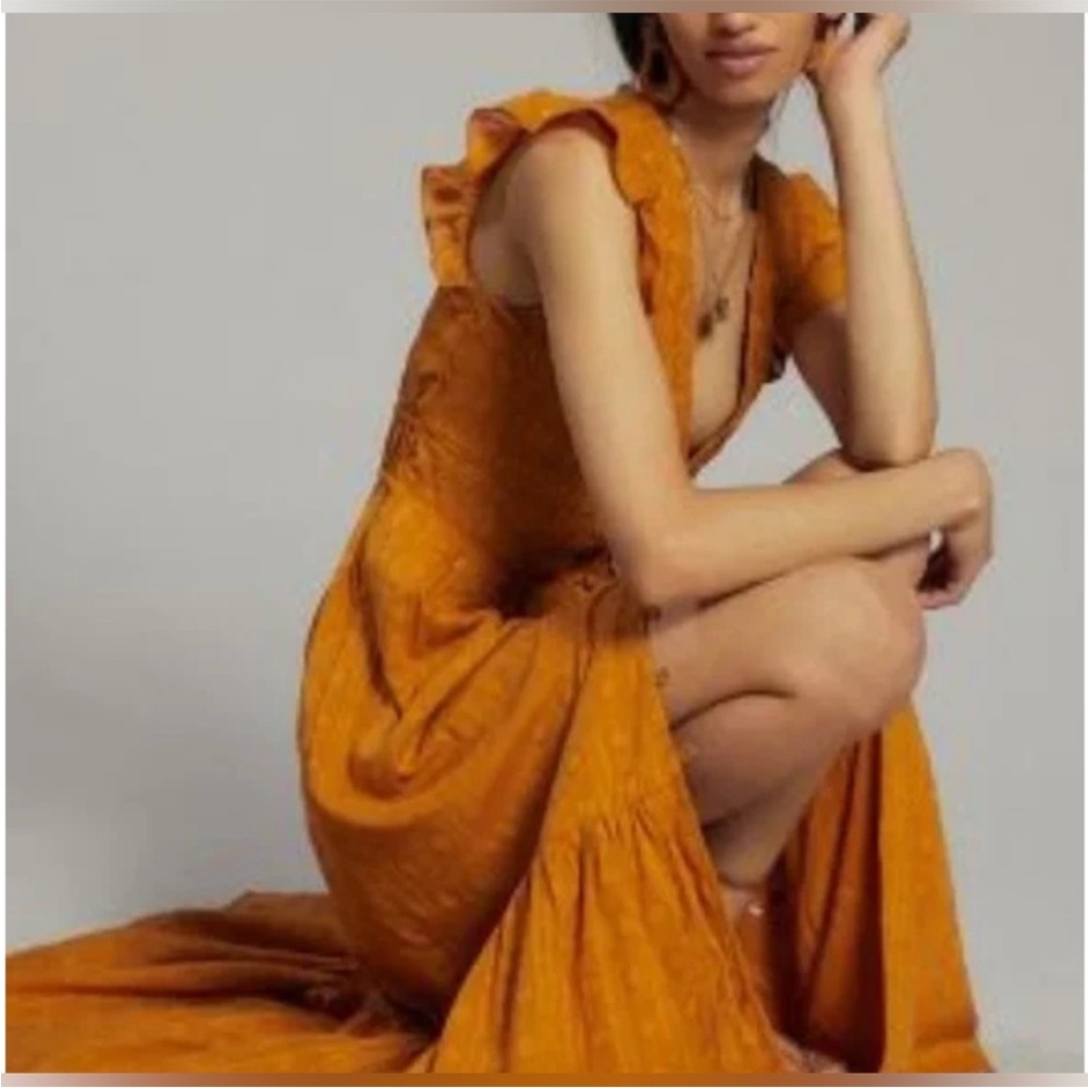 Anthropologie Burnt Orange Ruffle-Shoulder Maxi Dress
